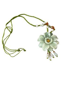 Vintage Carved Jade 3D Flower Necklace Silk Cord Adjustable Beads Estate Natural
